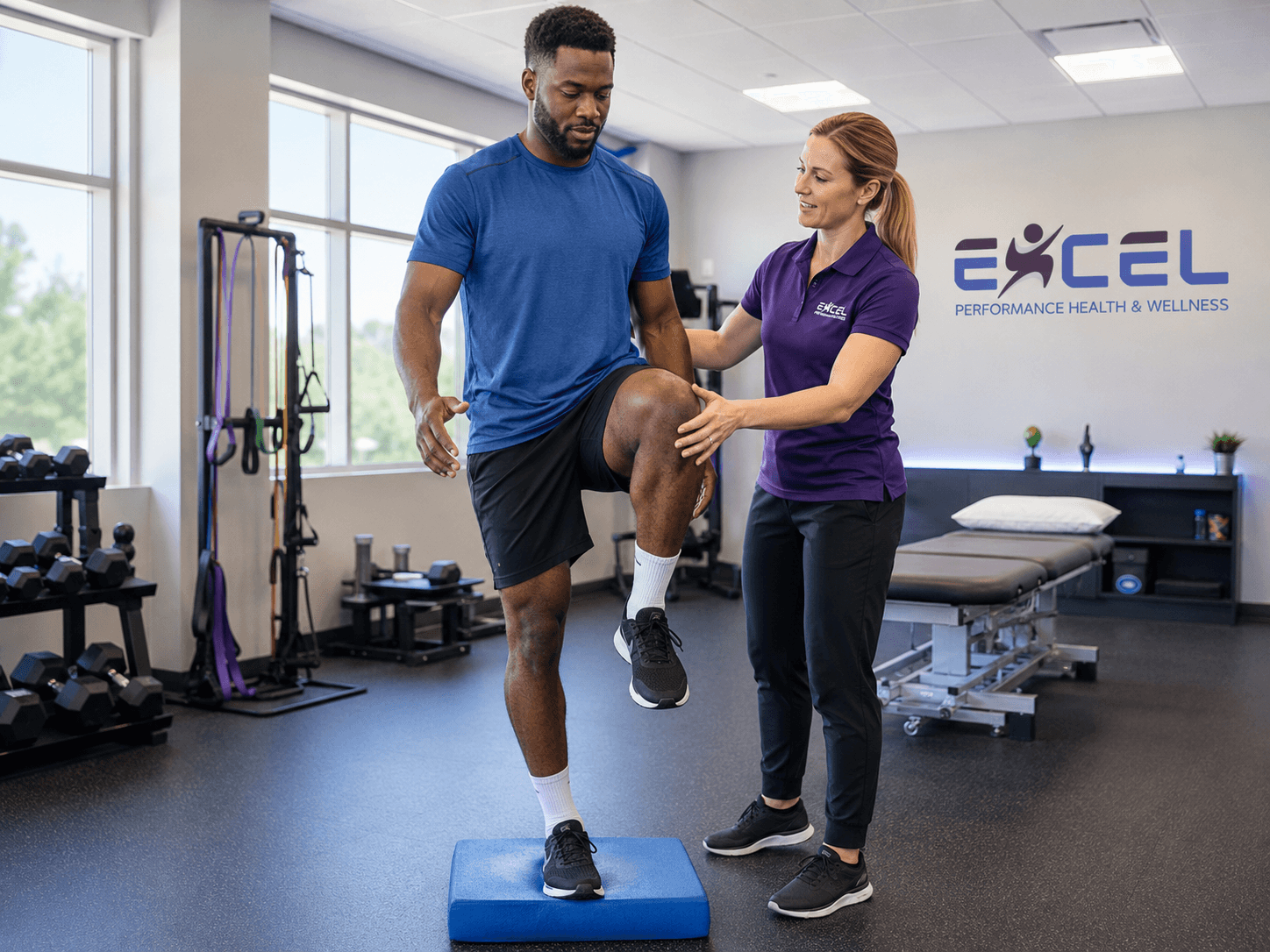 A physical therapist guiding a patient through a supervised exercise in the clinic