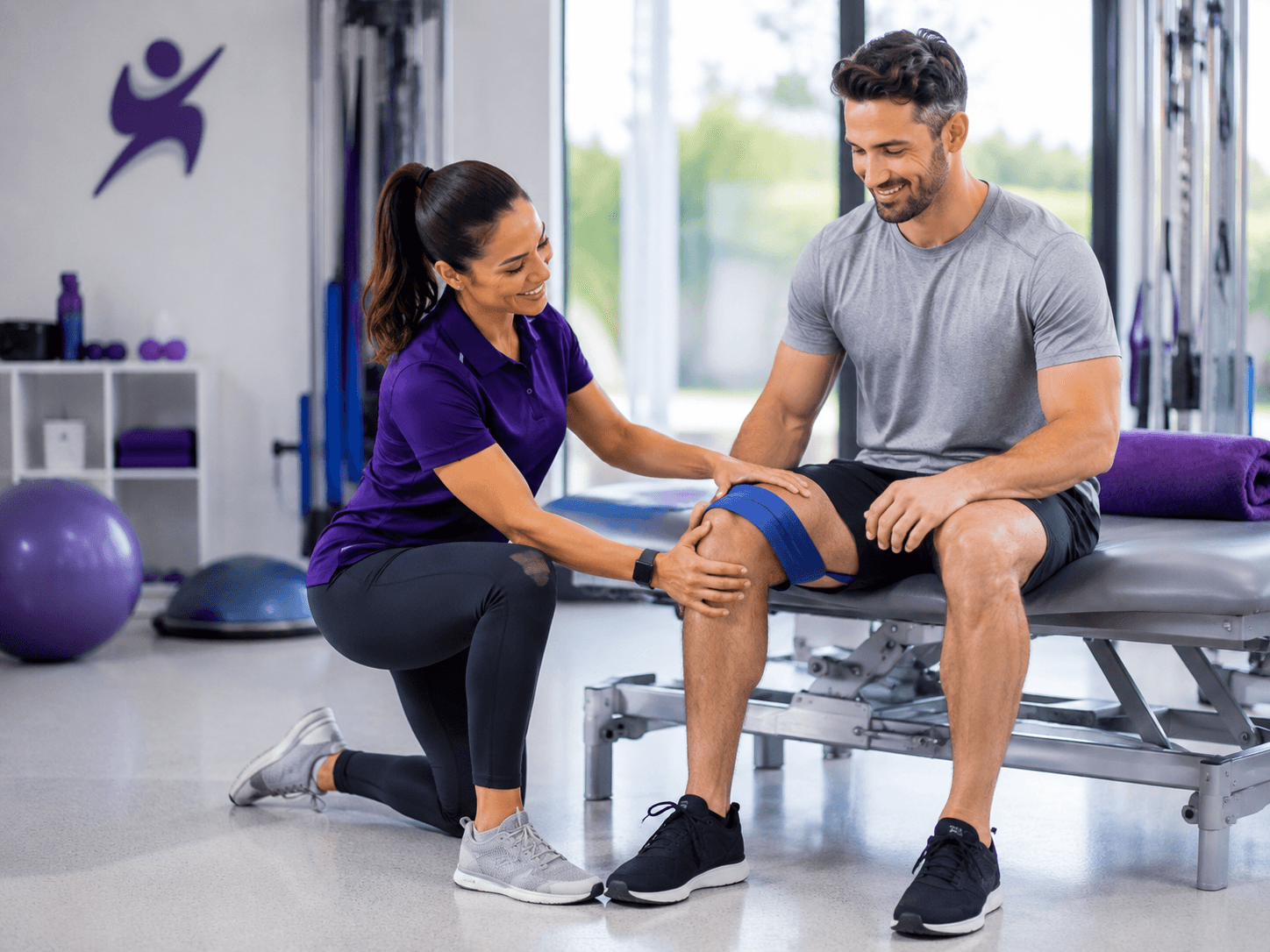 Therapist performing hands-on knee rehabilitation with a patient