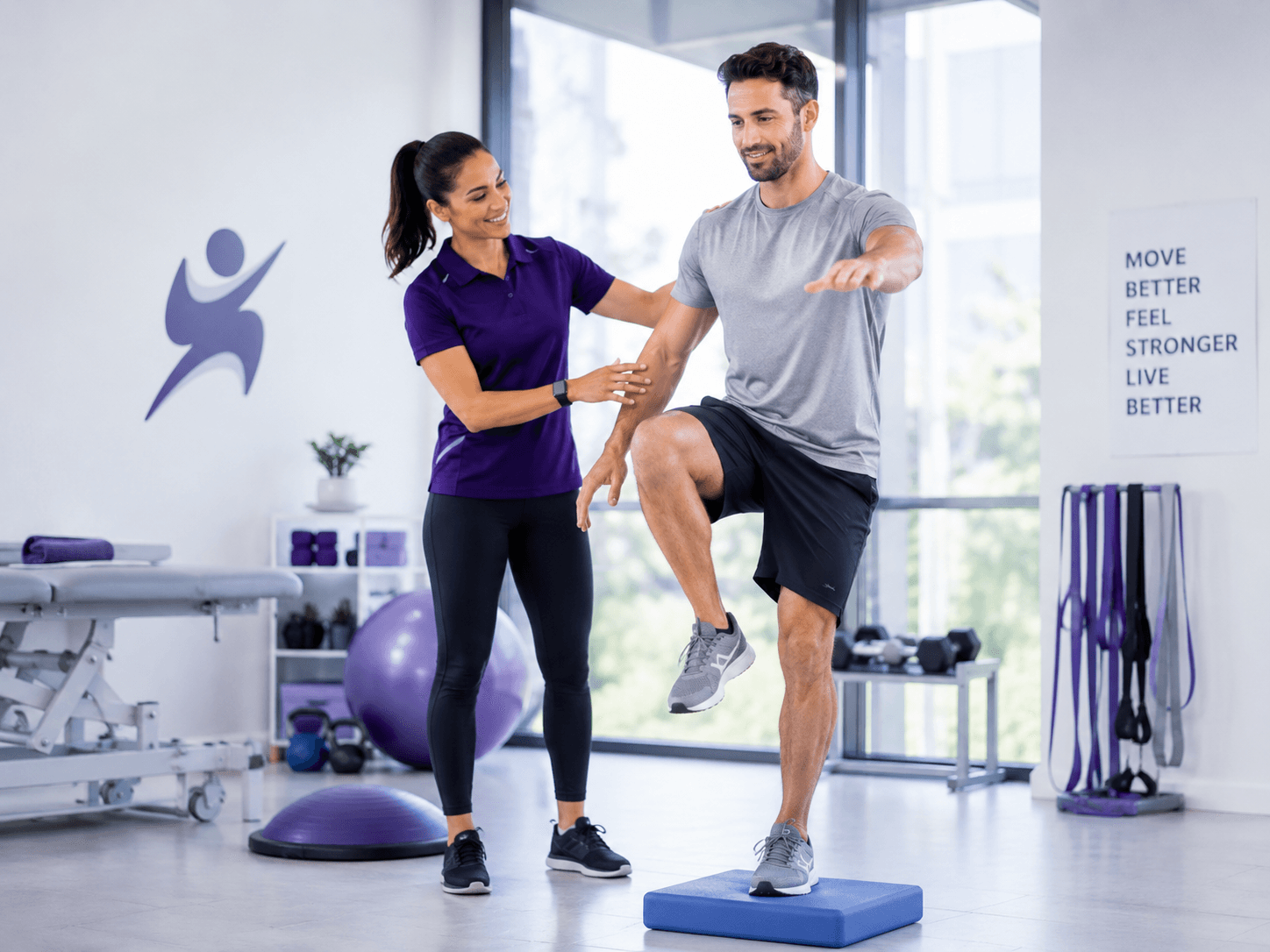 Patient practicing single-leg balance on a foam pad with a therapist