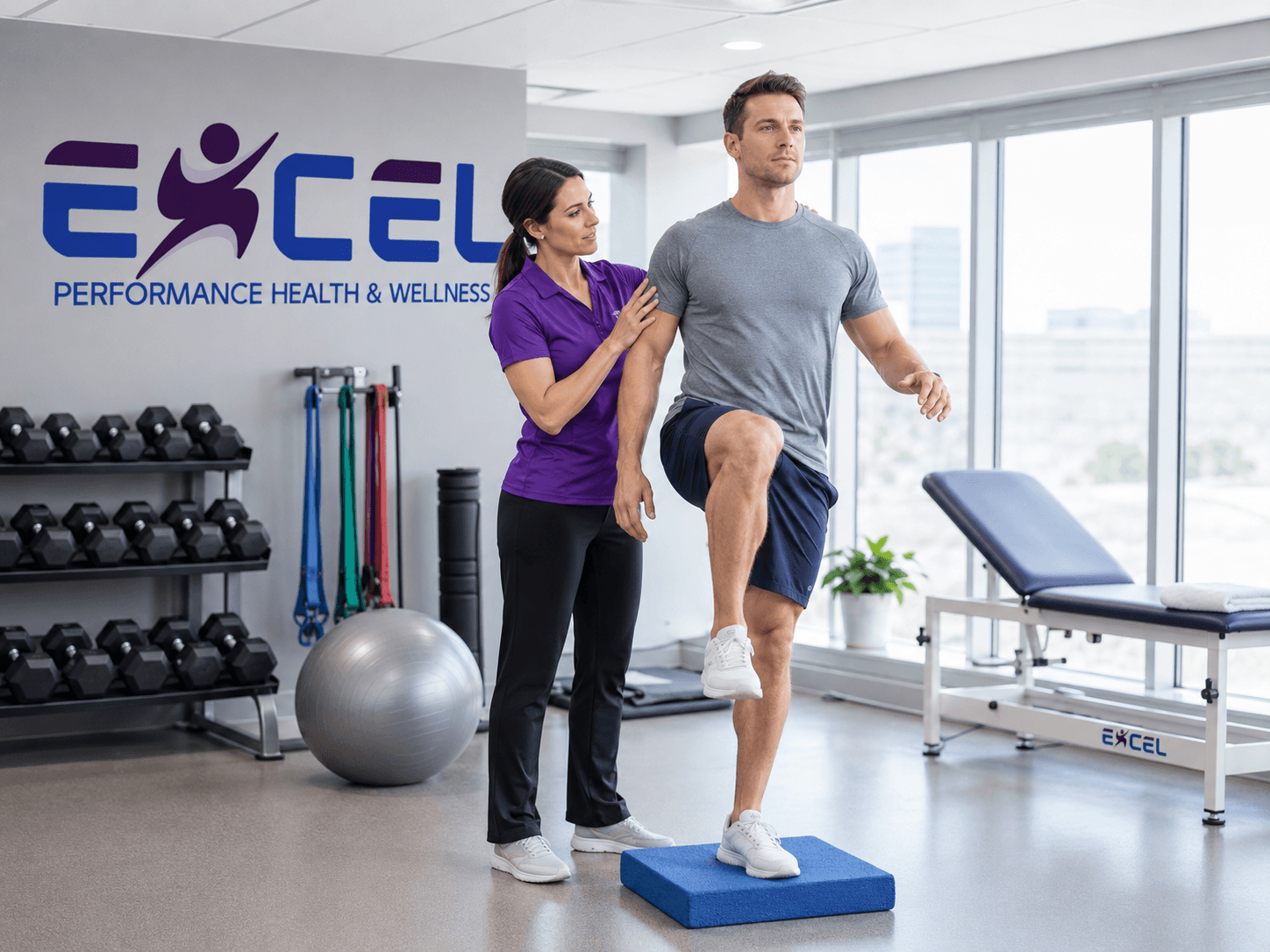 Therapist coaching a client through a high-knee movement drill